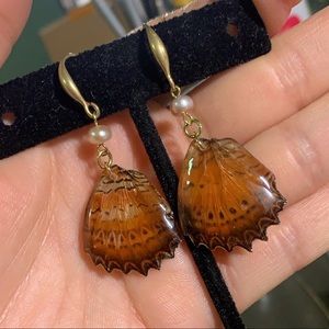 Handmade real butterfly wings in resin w/ freshwater pearls earrings